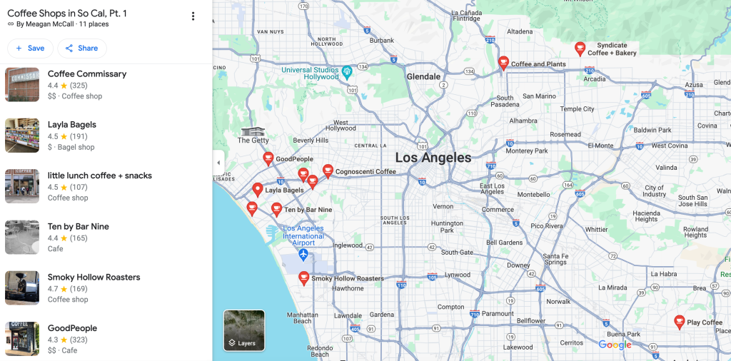 Google Map screenshot with eleven red pin dots markign where the coffee shops are located in Southern California. List on the left side shows the names of six coffee shops, including Coffee Commissary, Lalya Bagels, Little Lunch Coffee + Snacks, Ten by Bar Nine, Smoky Hollow Roasters, and GoodPeople.